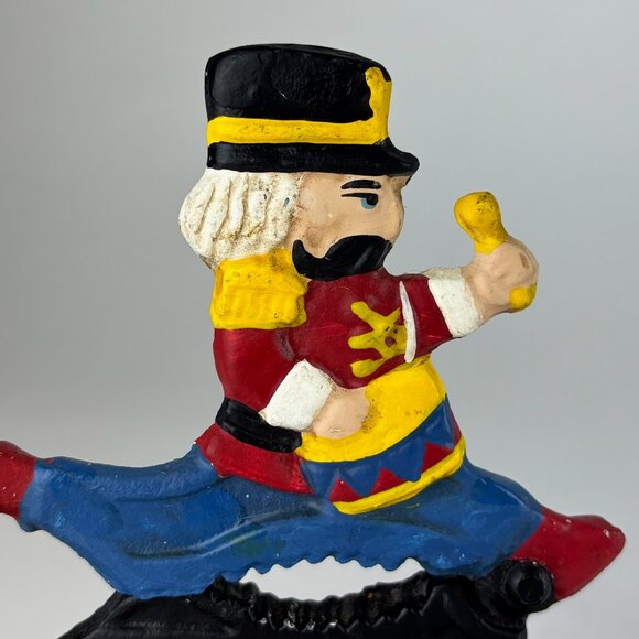 Vintage Cast Iron Nutcracker Man Soldier Lever 1950s Hand Painted on Wood Base - Picture 4 of 8